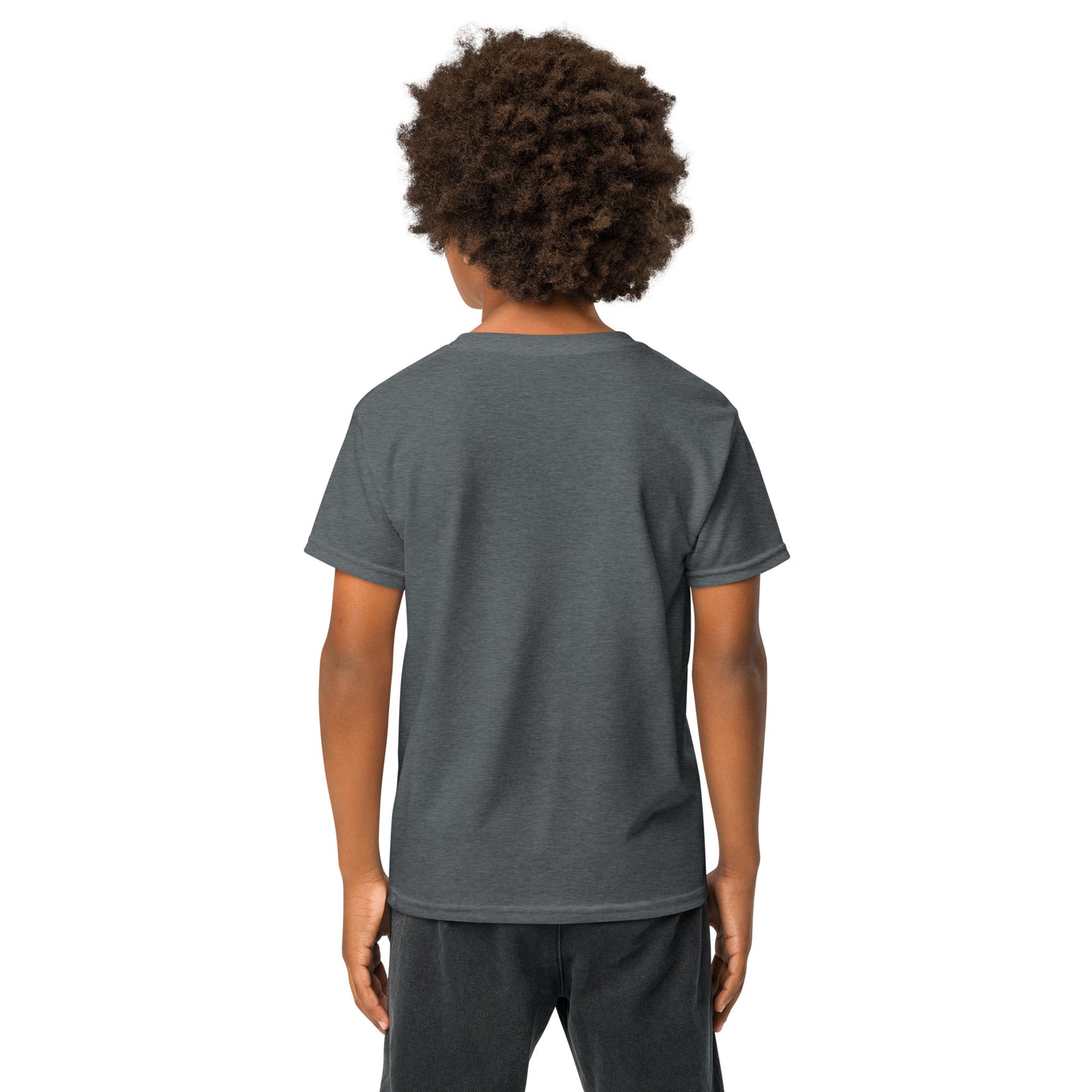 Person wearing a gray t-shirt on a white background