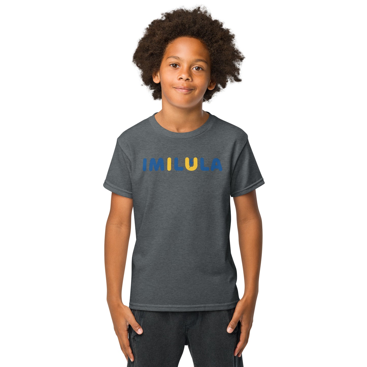 Child wearing a gray t-shirt with a blue and yellow logo on a white background