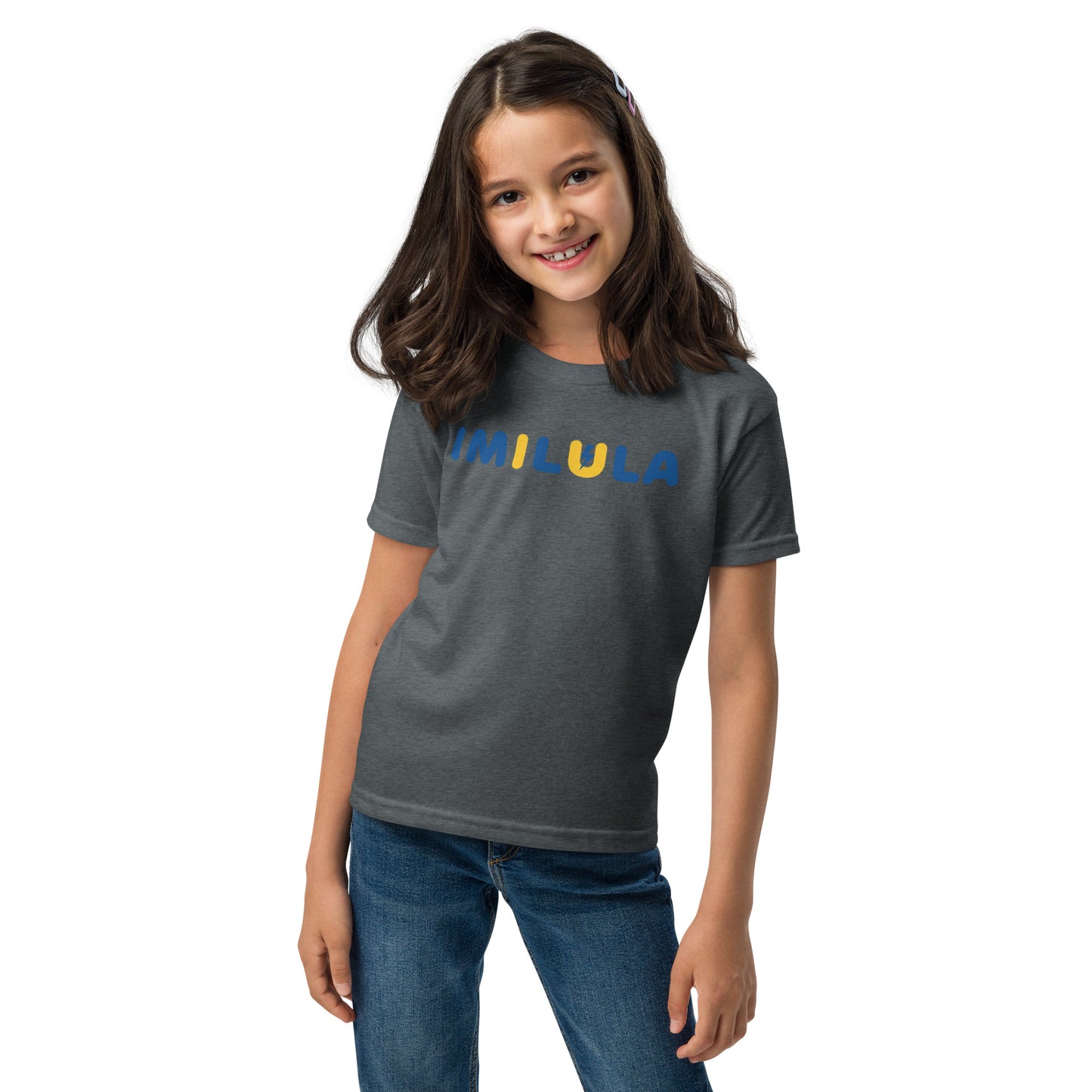 Young girl wearing a gray t-shirt with a logo on a white background