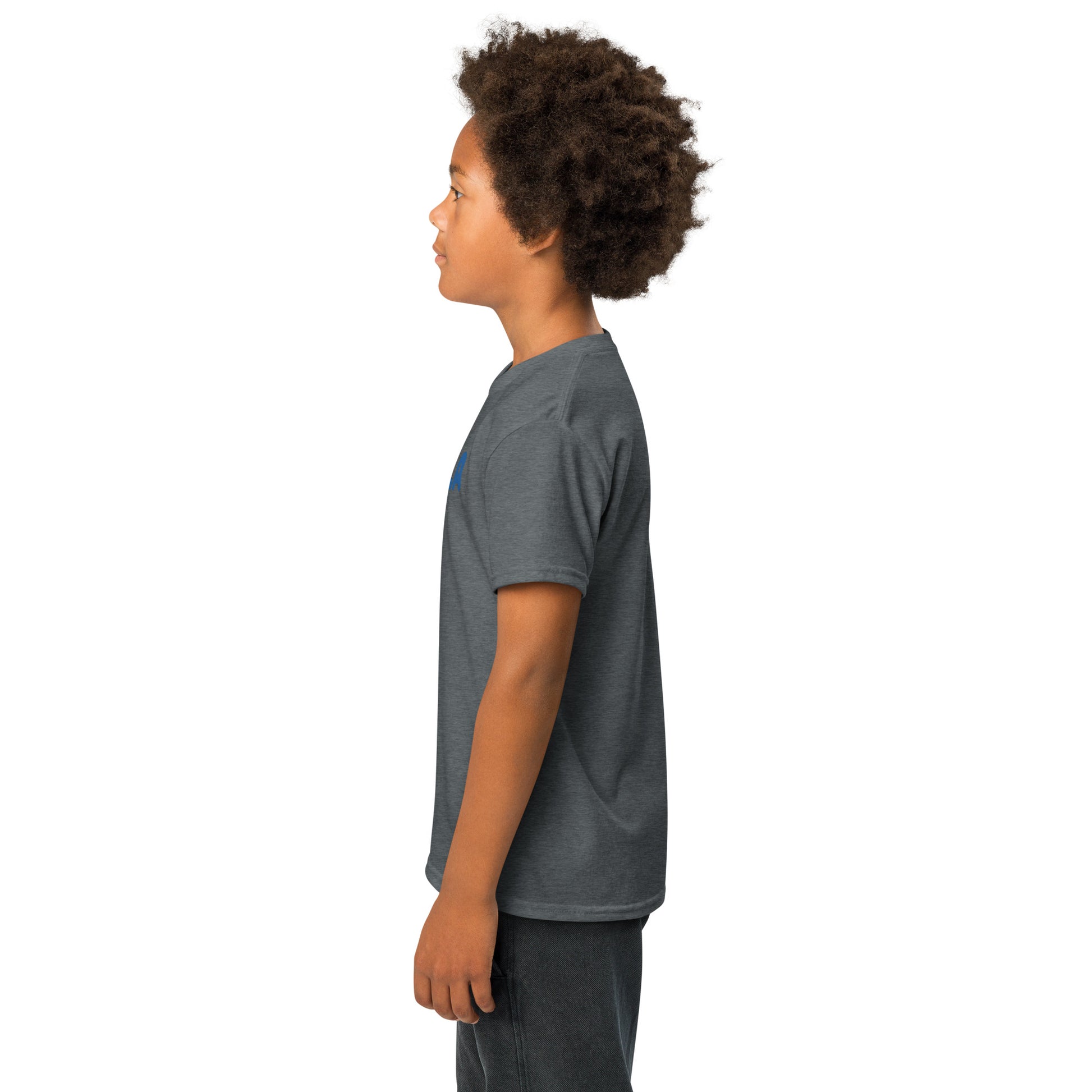 Child wearing a gray t-shirt on a white background