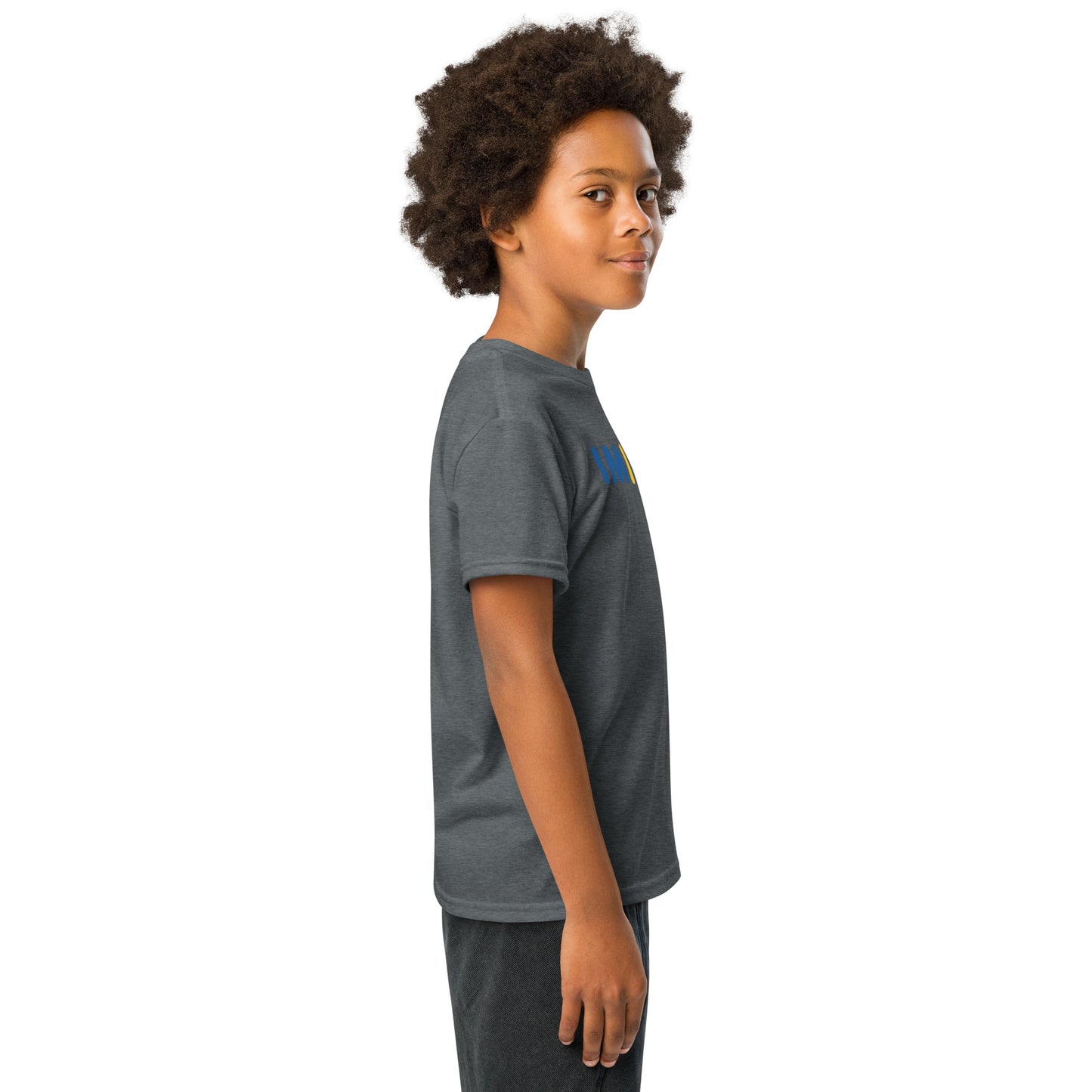 Child wearing a gray t-shirt with a logo on a white background