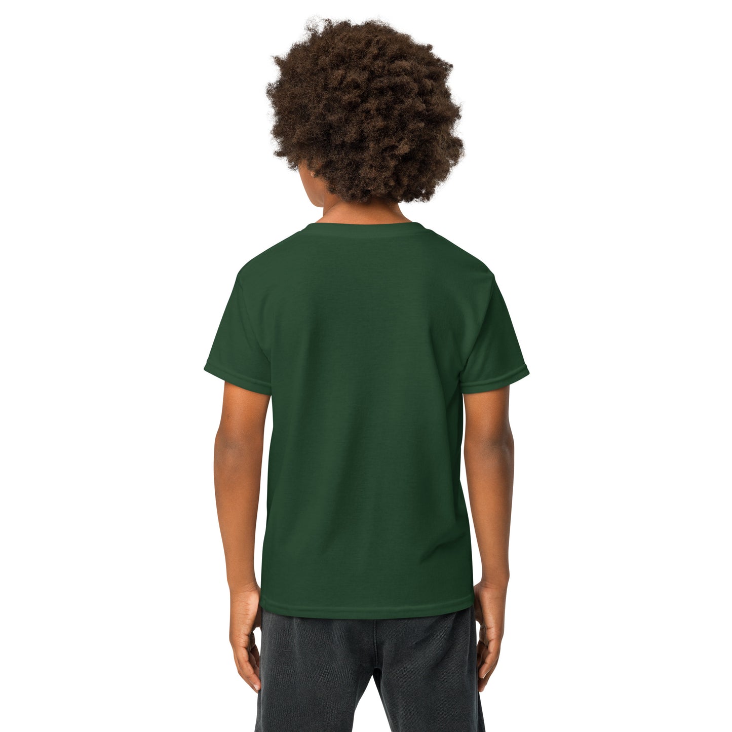 Person wearing a green t-shirt on a white background