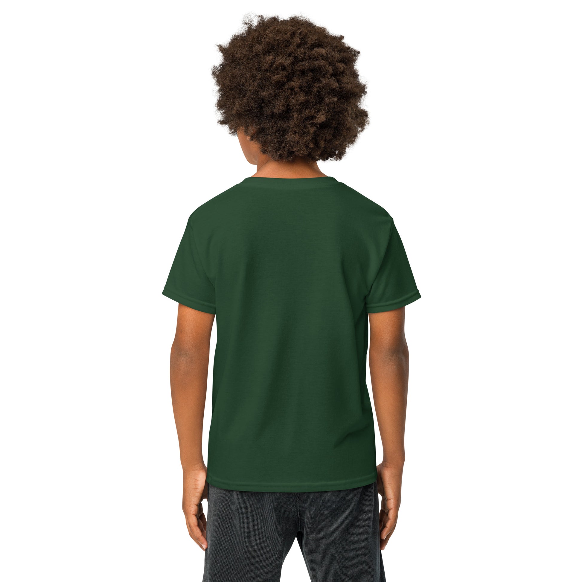 Person wearing a green t-shirt on a white background