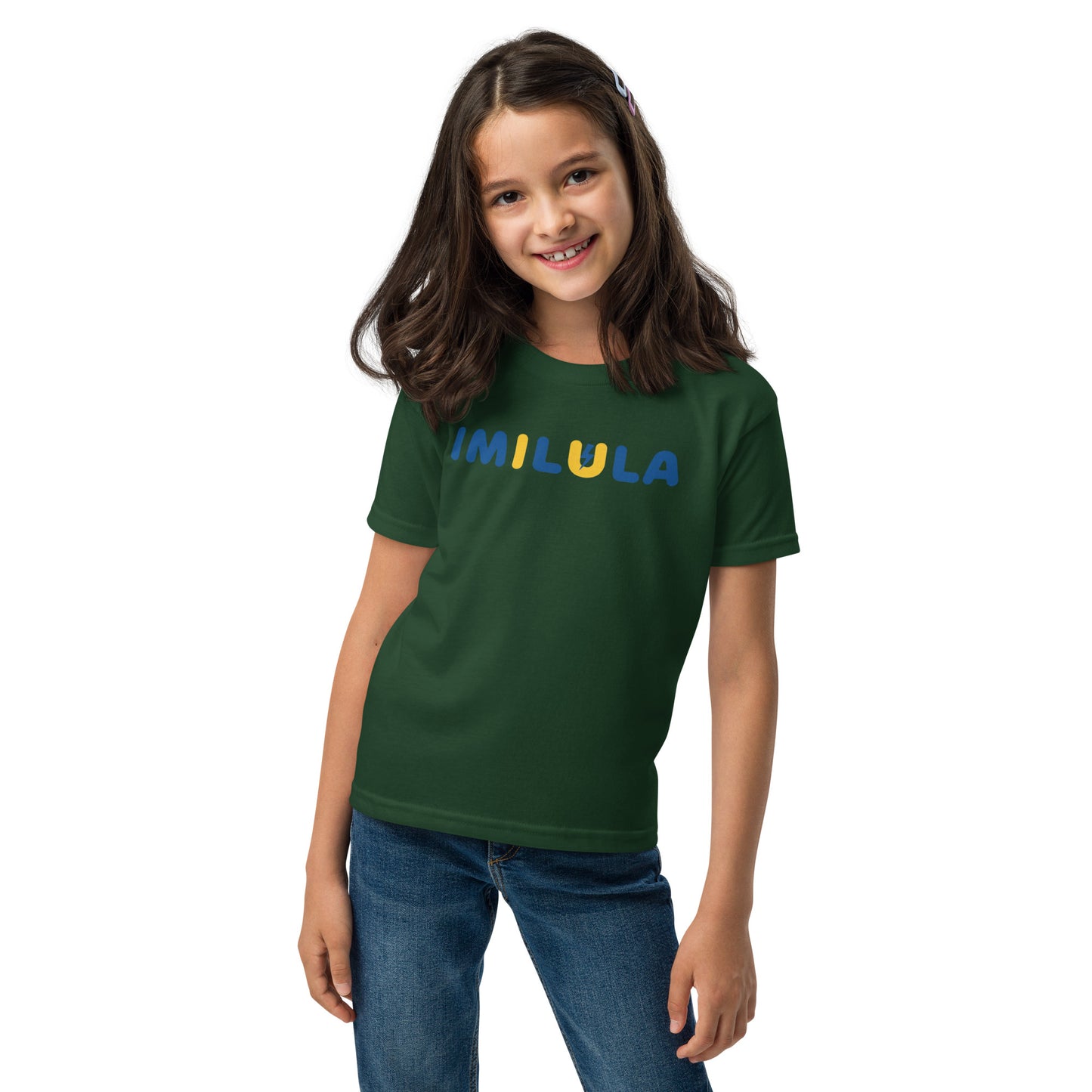 Young girl wearing a black t-shirt with 'Fresh' printed on it against a white background