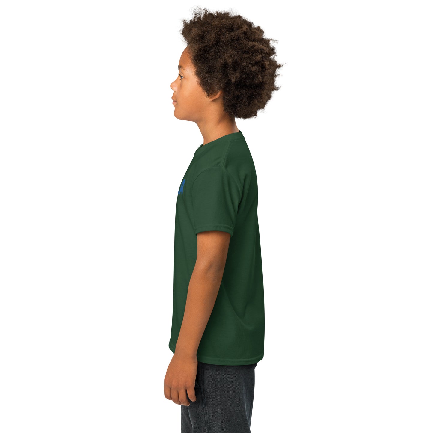 Child wearing a green t-shirt on a white background