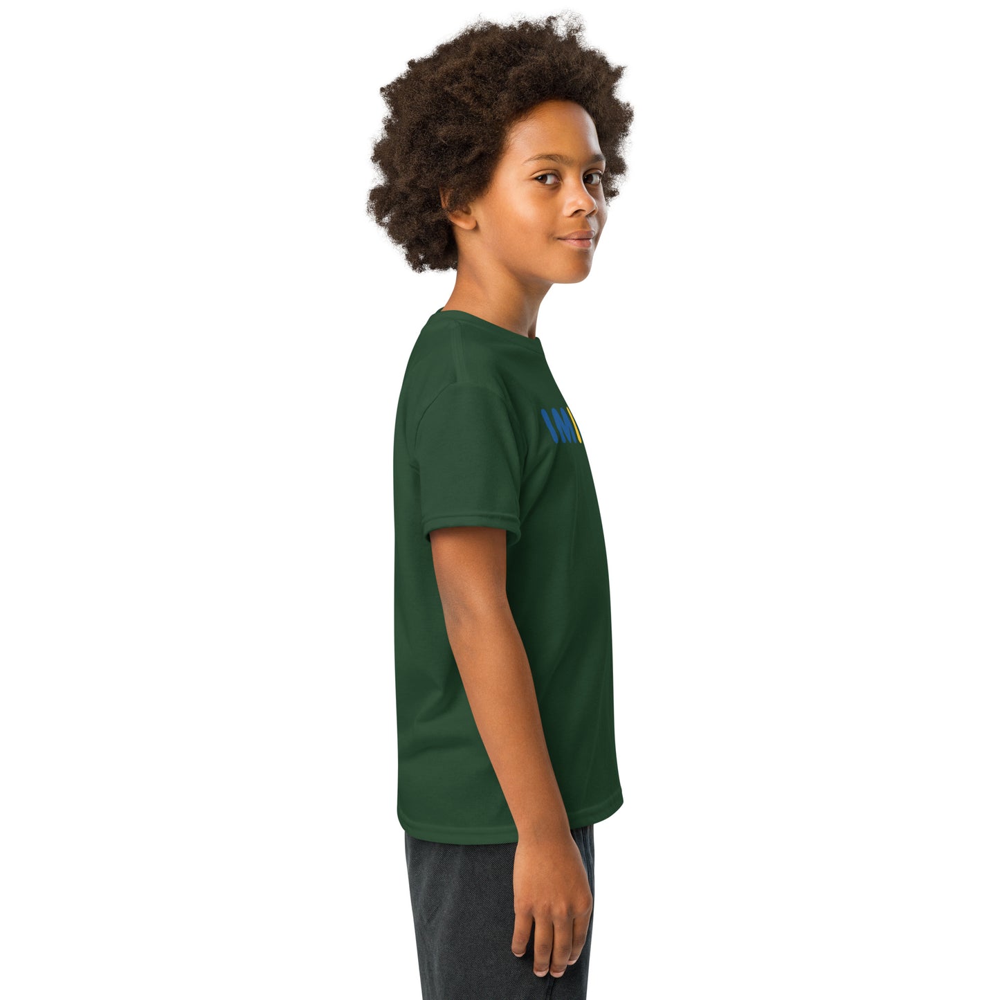 Child wearing a green t-shirt with a logo on a white background
