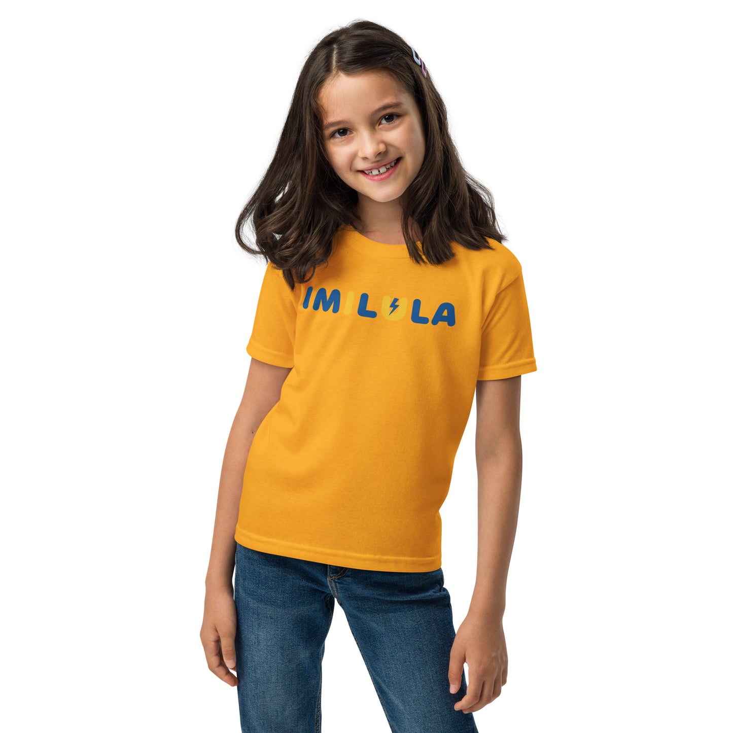 Young girl wearing a yellow t-shirt with 'Mini Queen' text on a white background