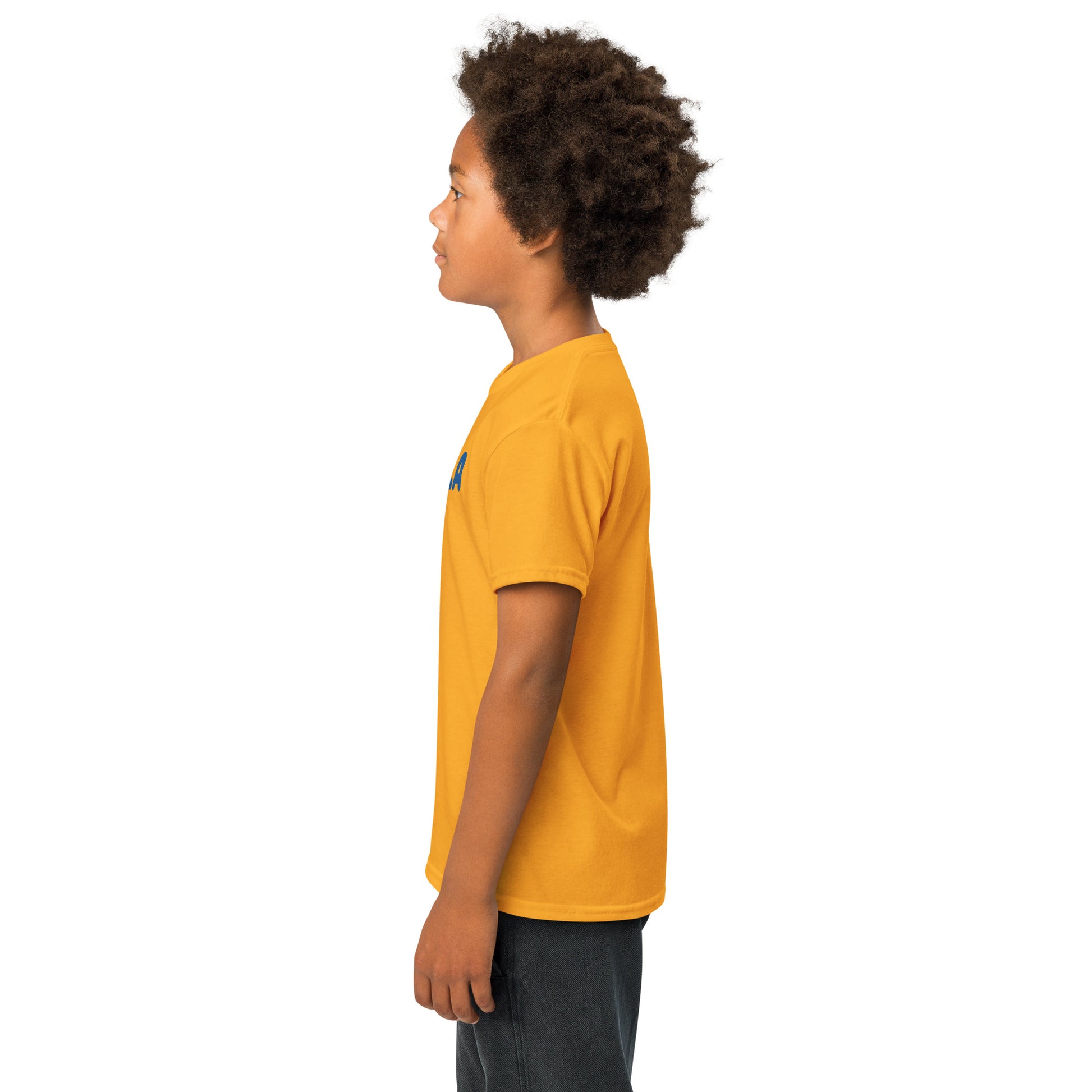 Child wearing a yellow t-shirt on a white background