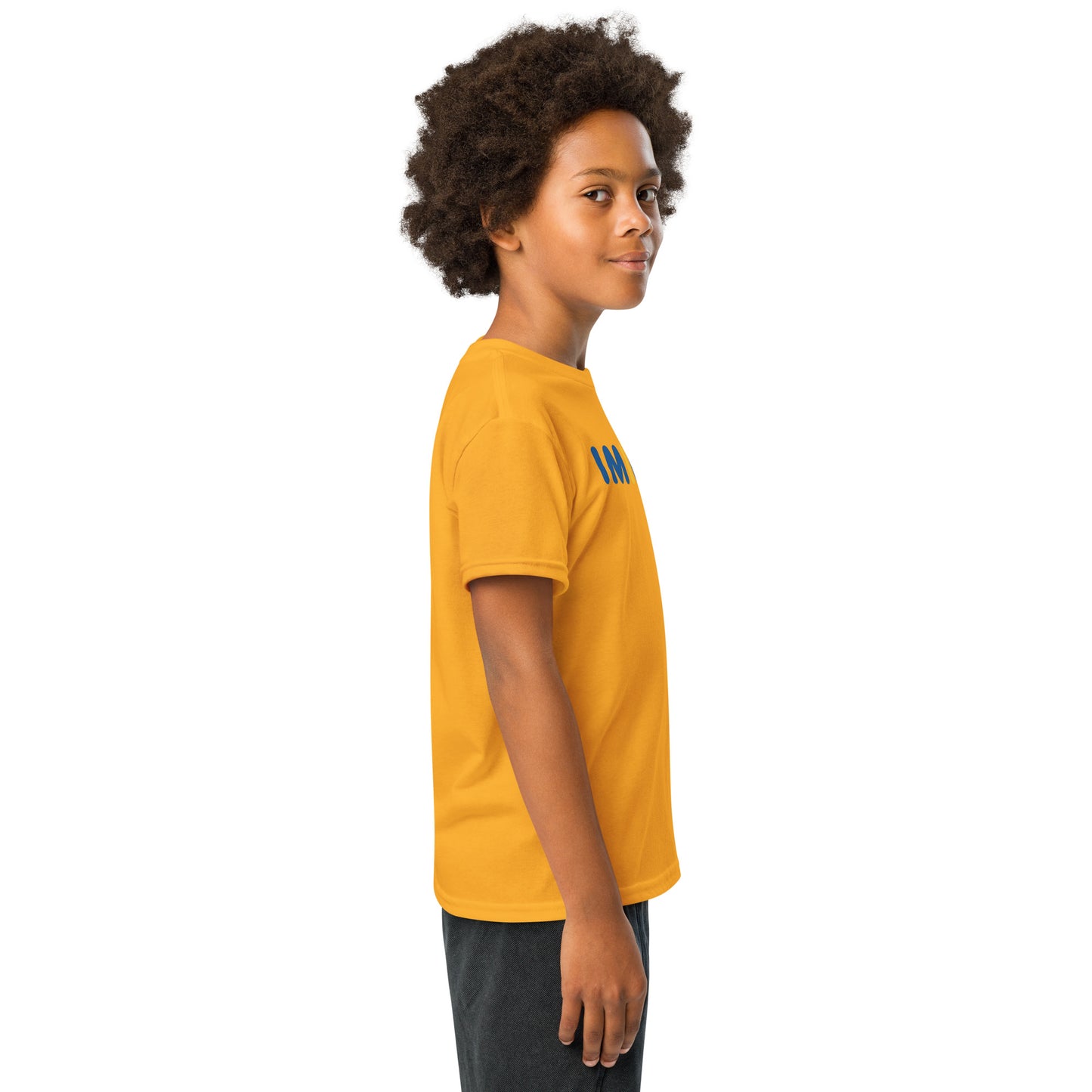 Child wearing a yellow t-shirt with a logo on a white background