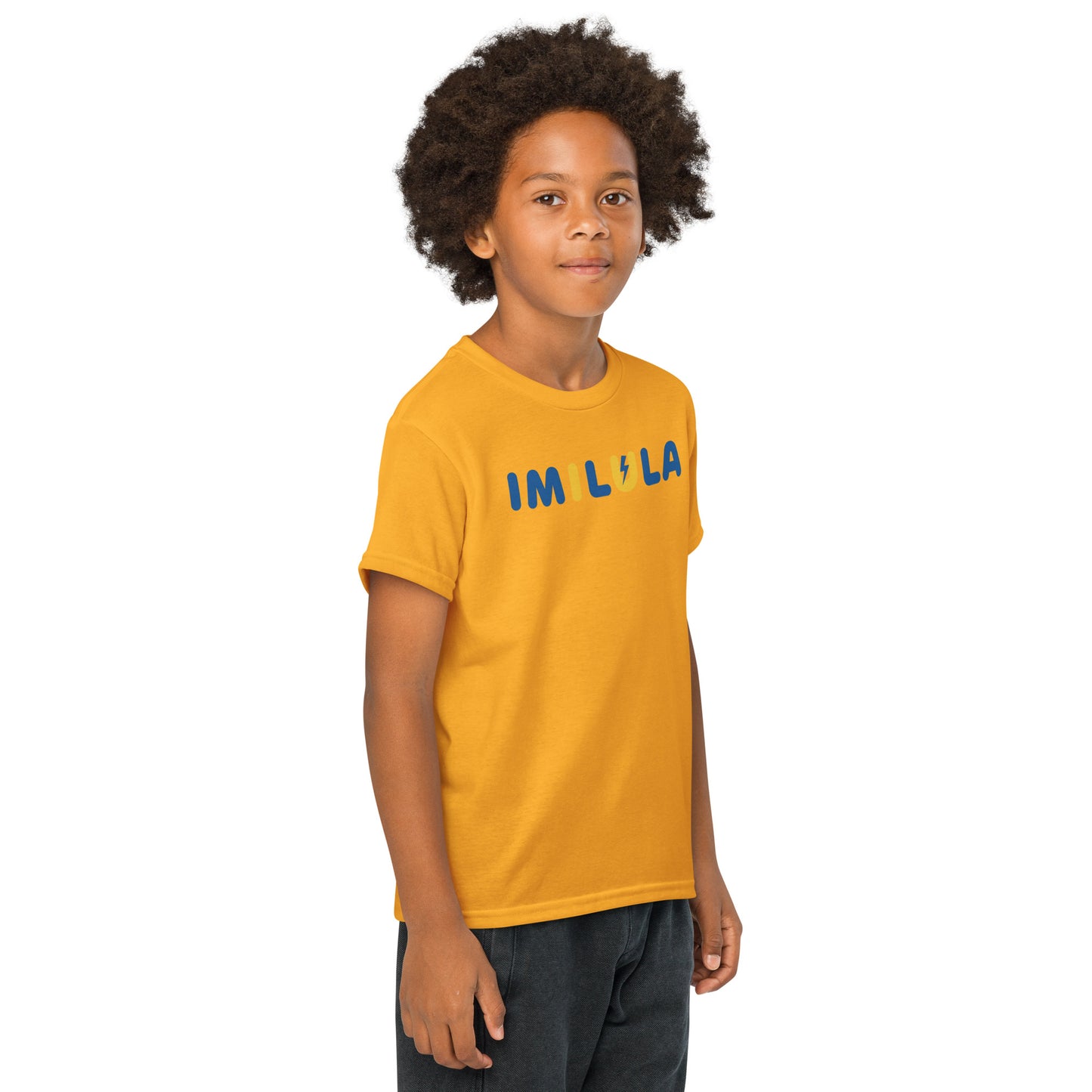 Child wearing a yellow t-shirt with 'I'm Lila' text on a white background