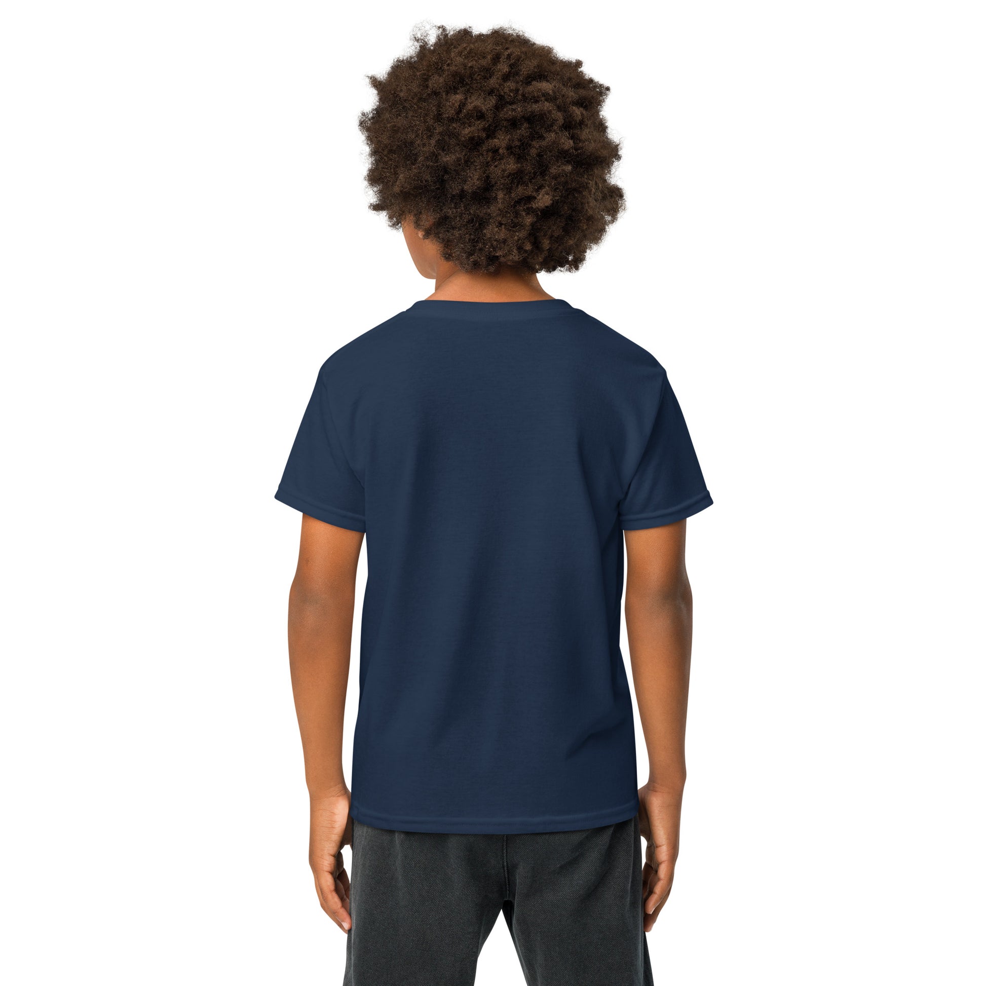 Person wearing a navy blue t-shirt on a white background