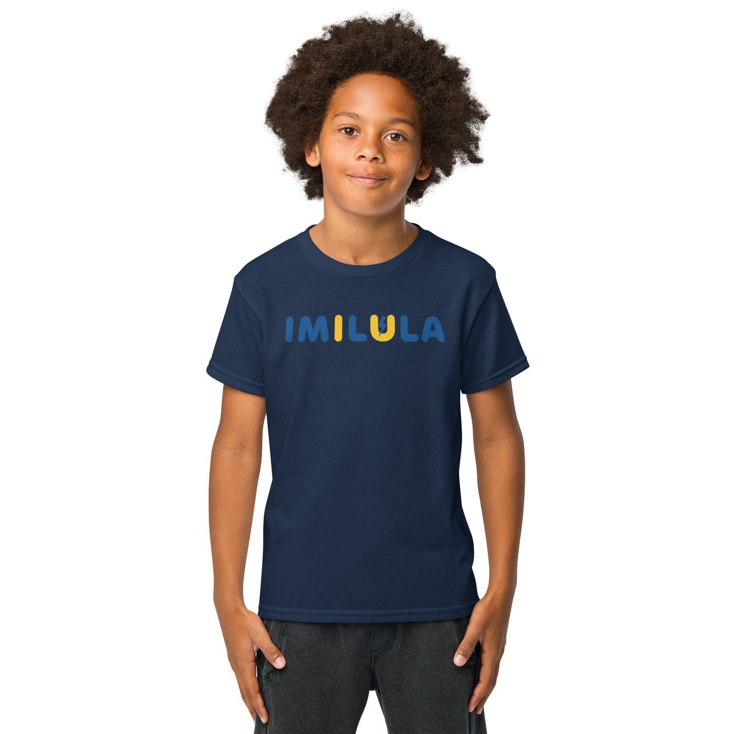 Child wearing a navy blue t-shirt with 'Built Different' text on a white background