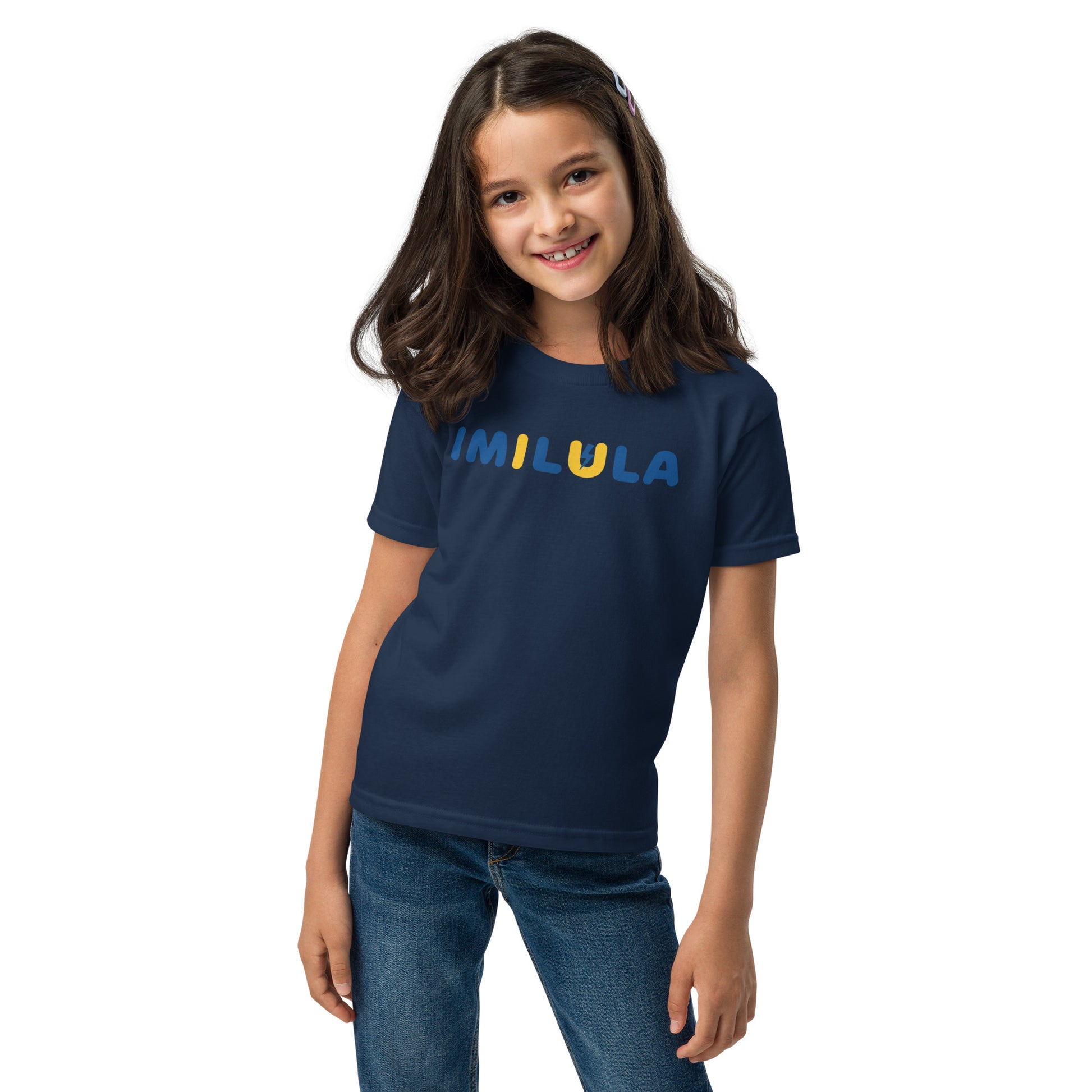 Young girl wearing a black t-shirt with 'Fresh' printed on it against a white background