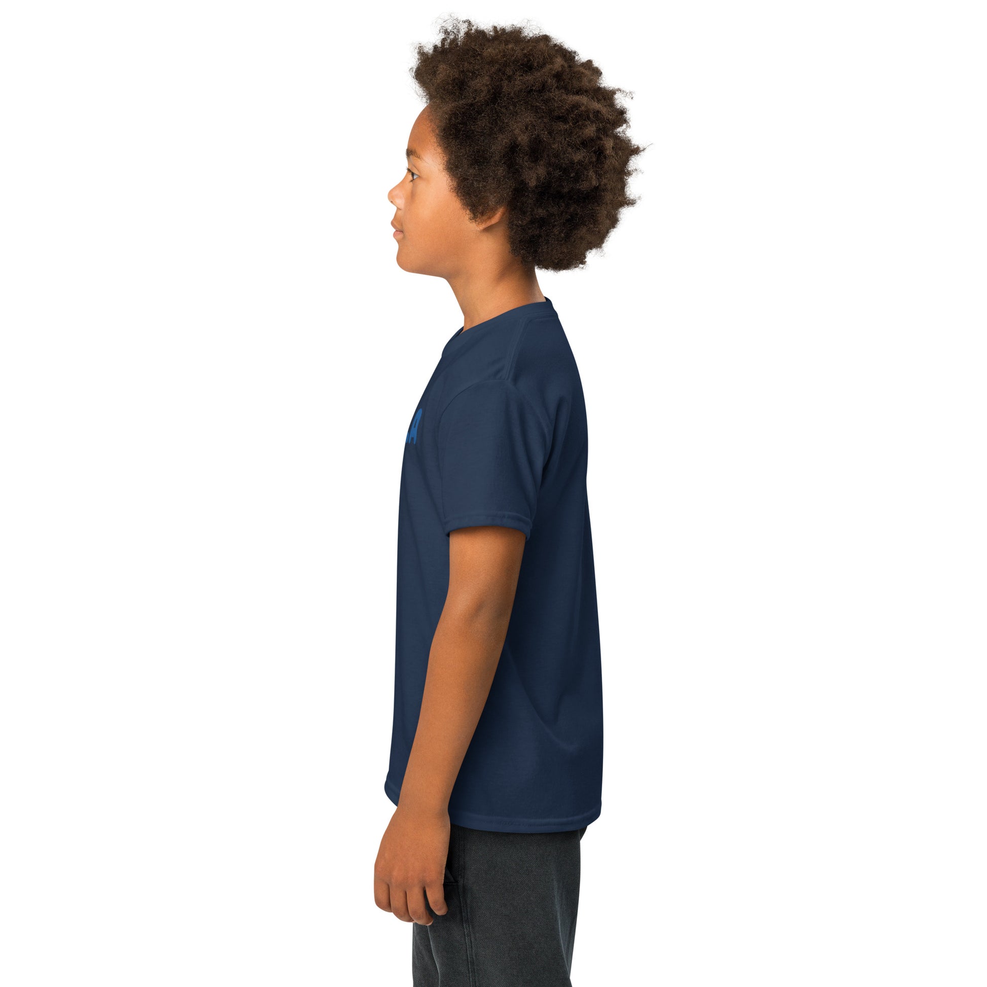 Child wearing a navy blue t-shirt on a white background