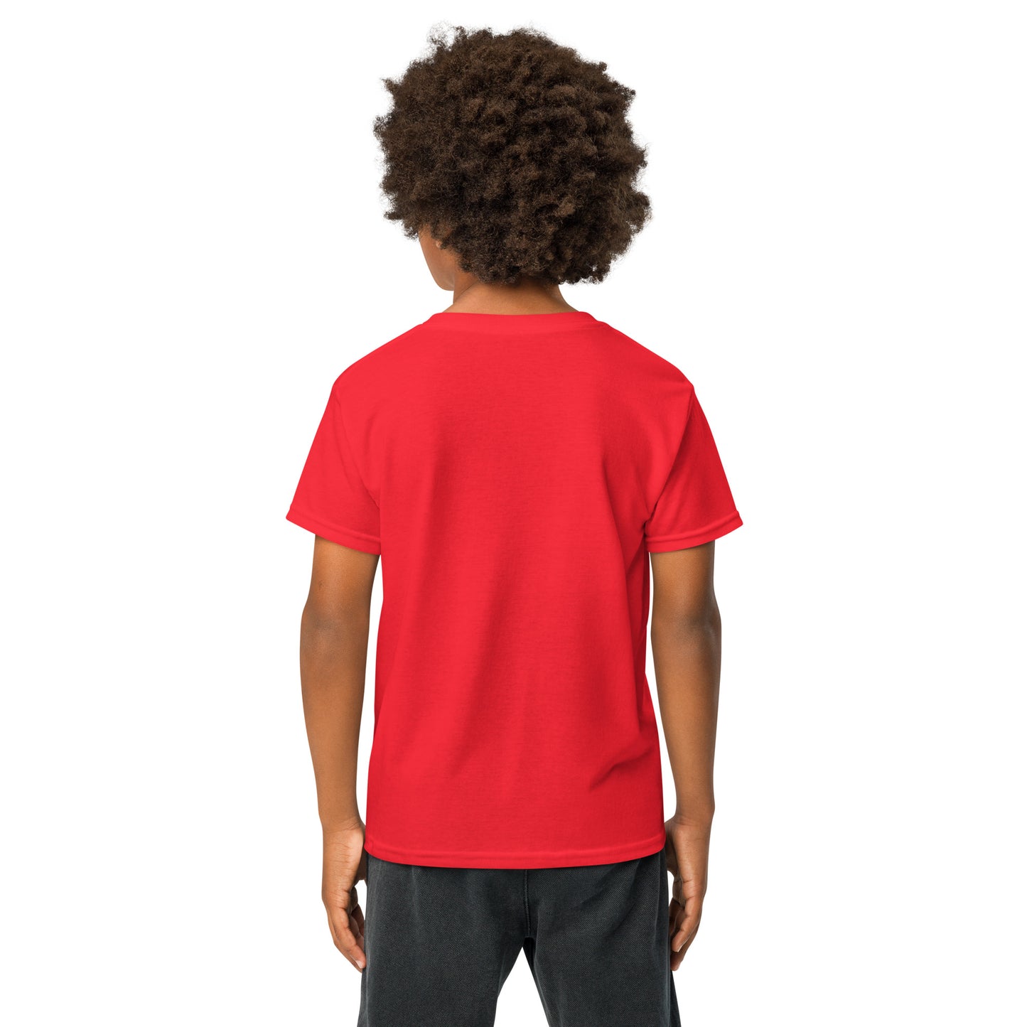 Person wearing a red t-shirt on a white background