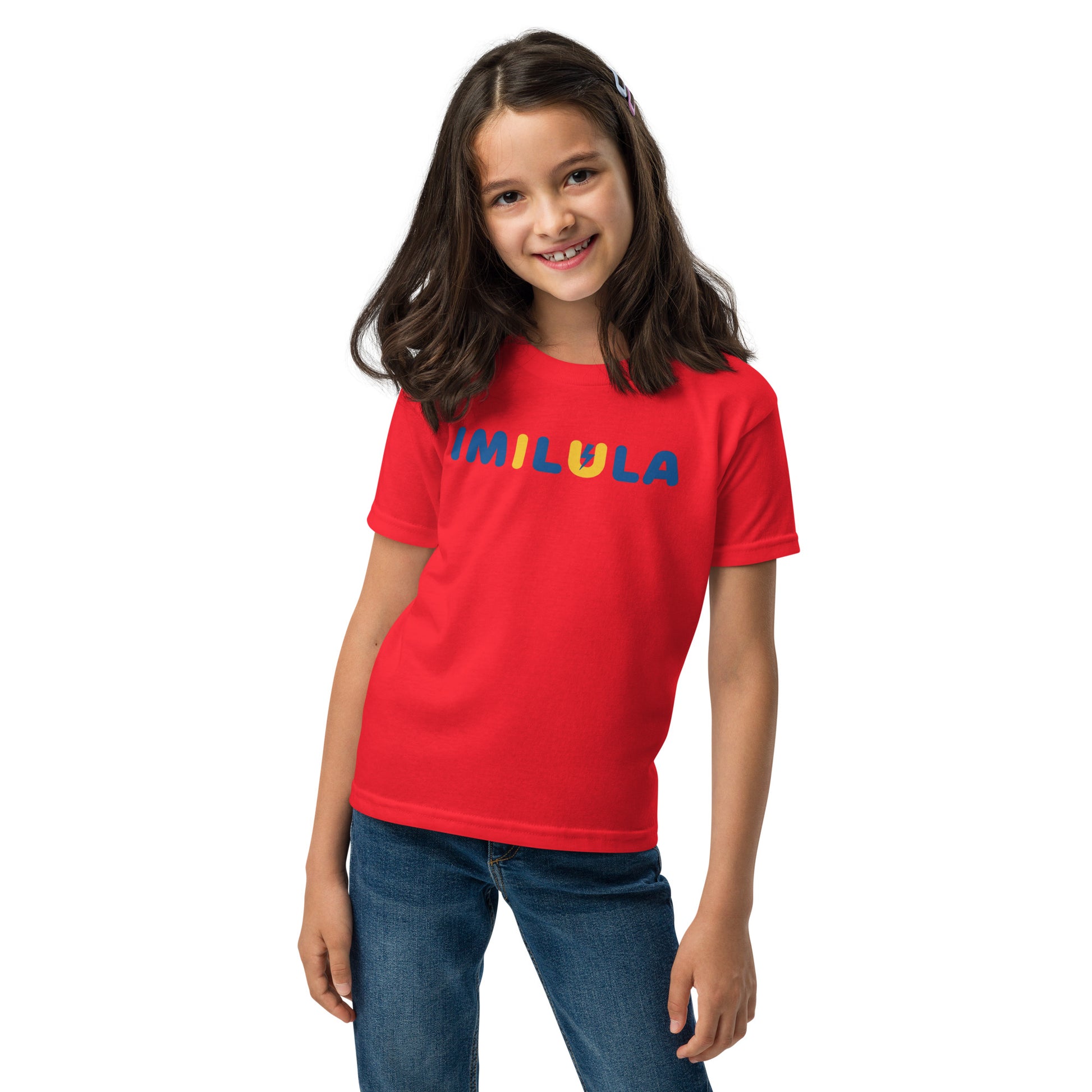 Young girl wearing a red t-shirt with text on a white background
