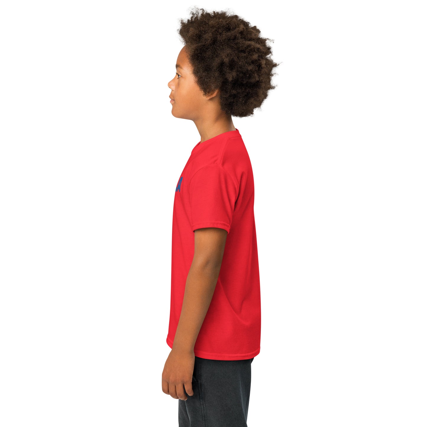 Child wearing a red t-shirt on a white background