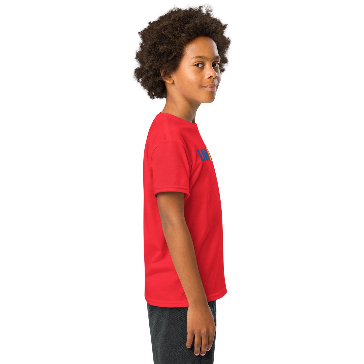 Child wearing a red t-shirt with a logo on a white background