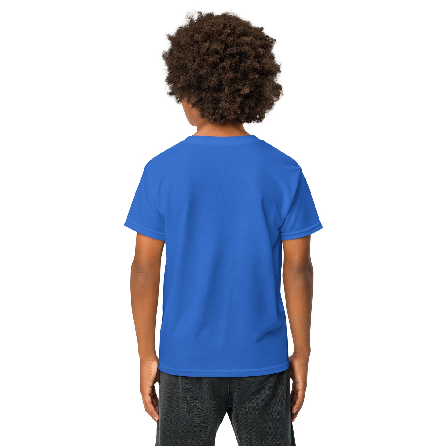 Person wearing a blue t-shirt on a white background