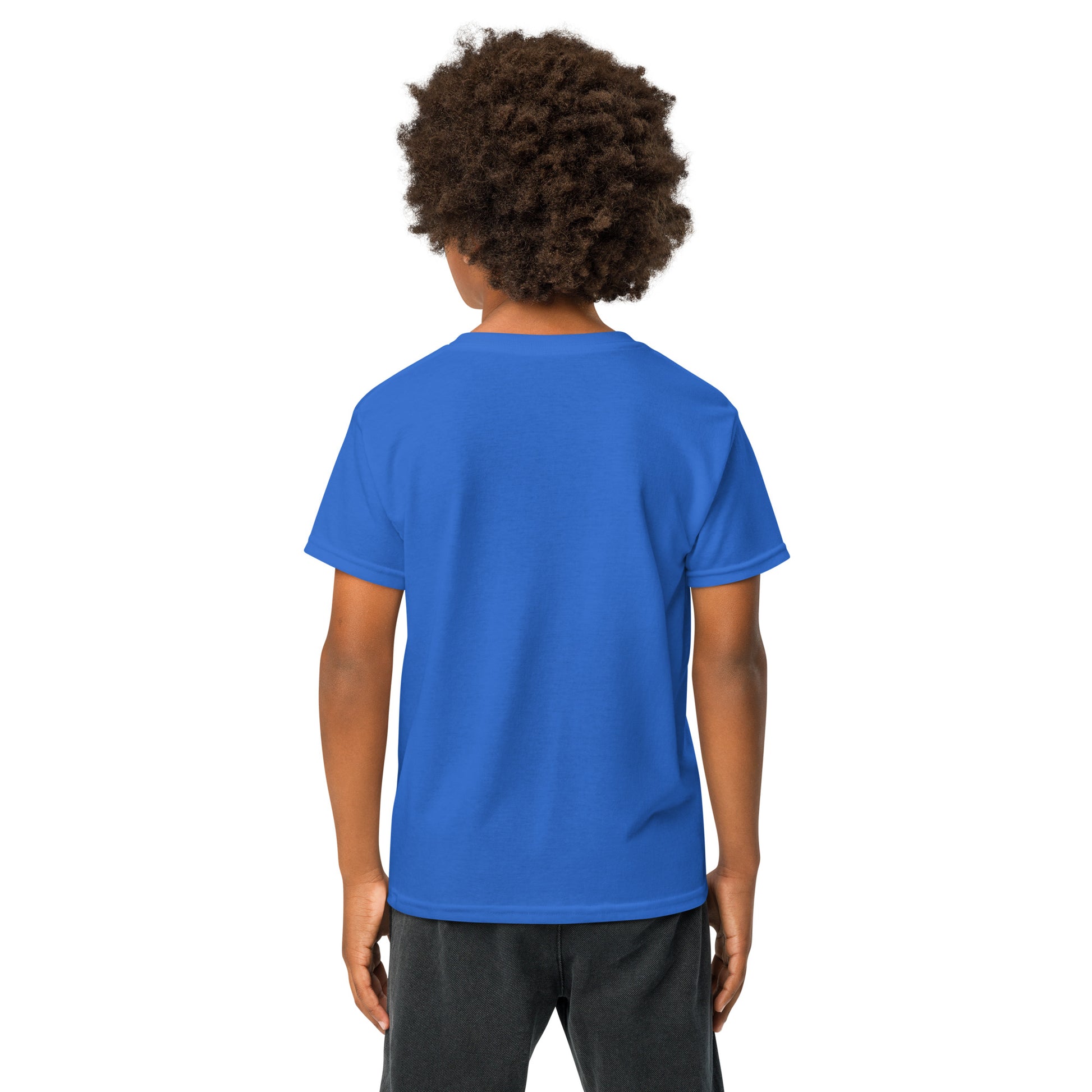 Person wearing a blue t-shirt on a white background