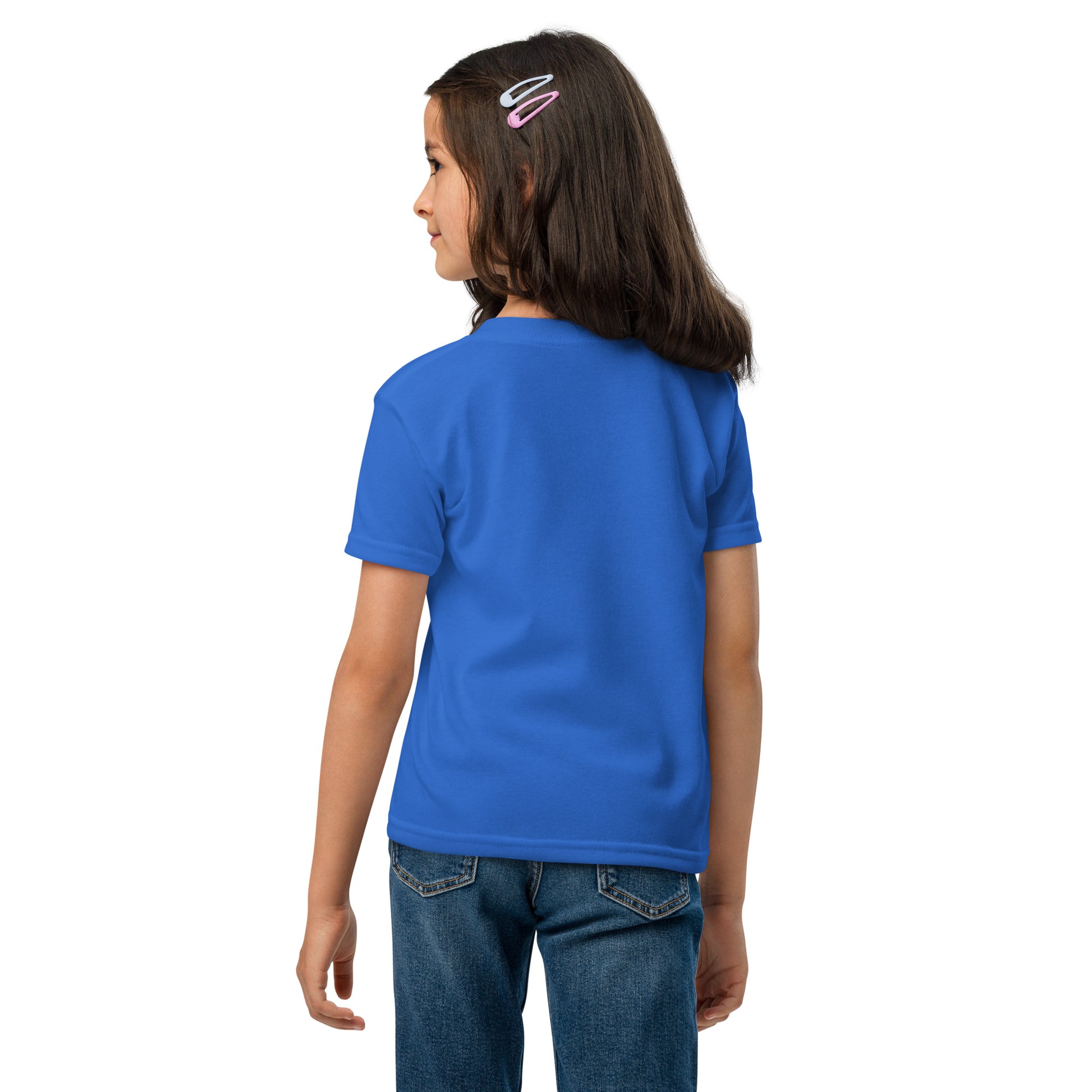 Child wearing a blue t-shirt on a white background