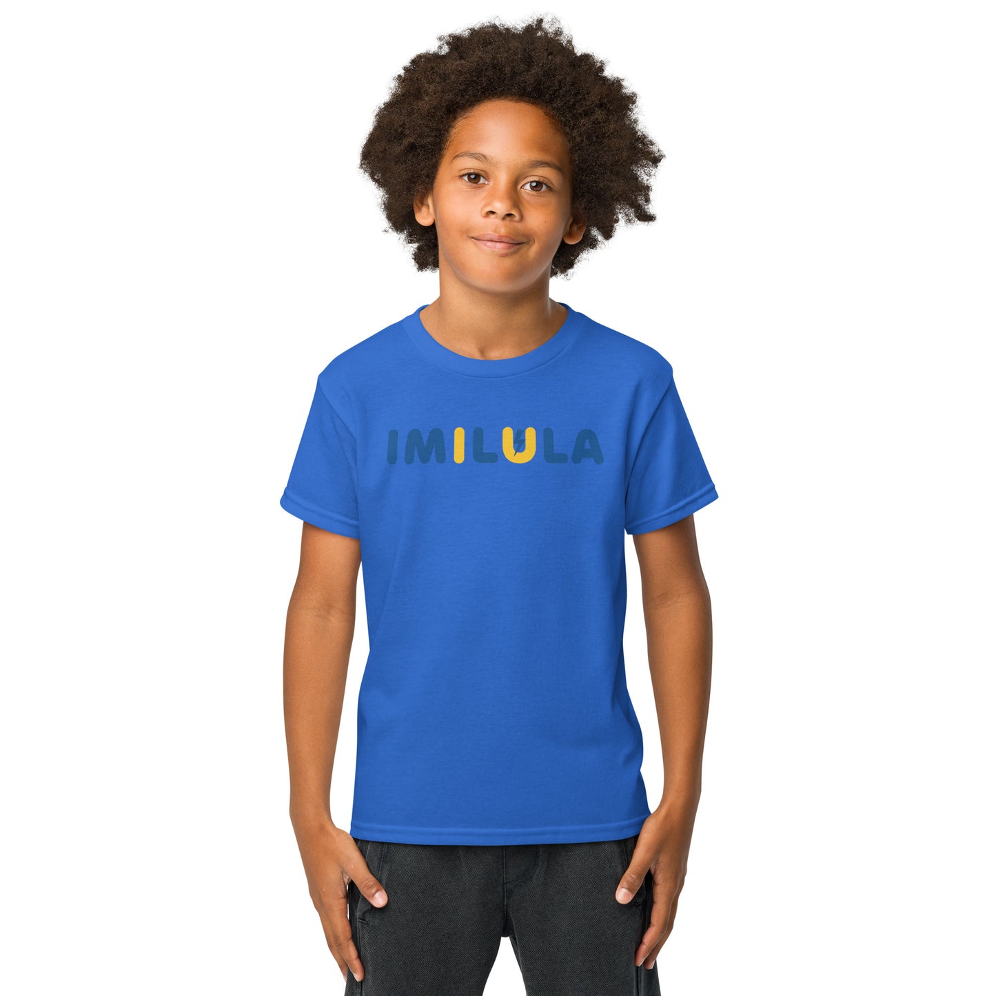 Child wearing a blue t-shirt with 'IMILUA' printed on it against a white background