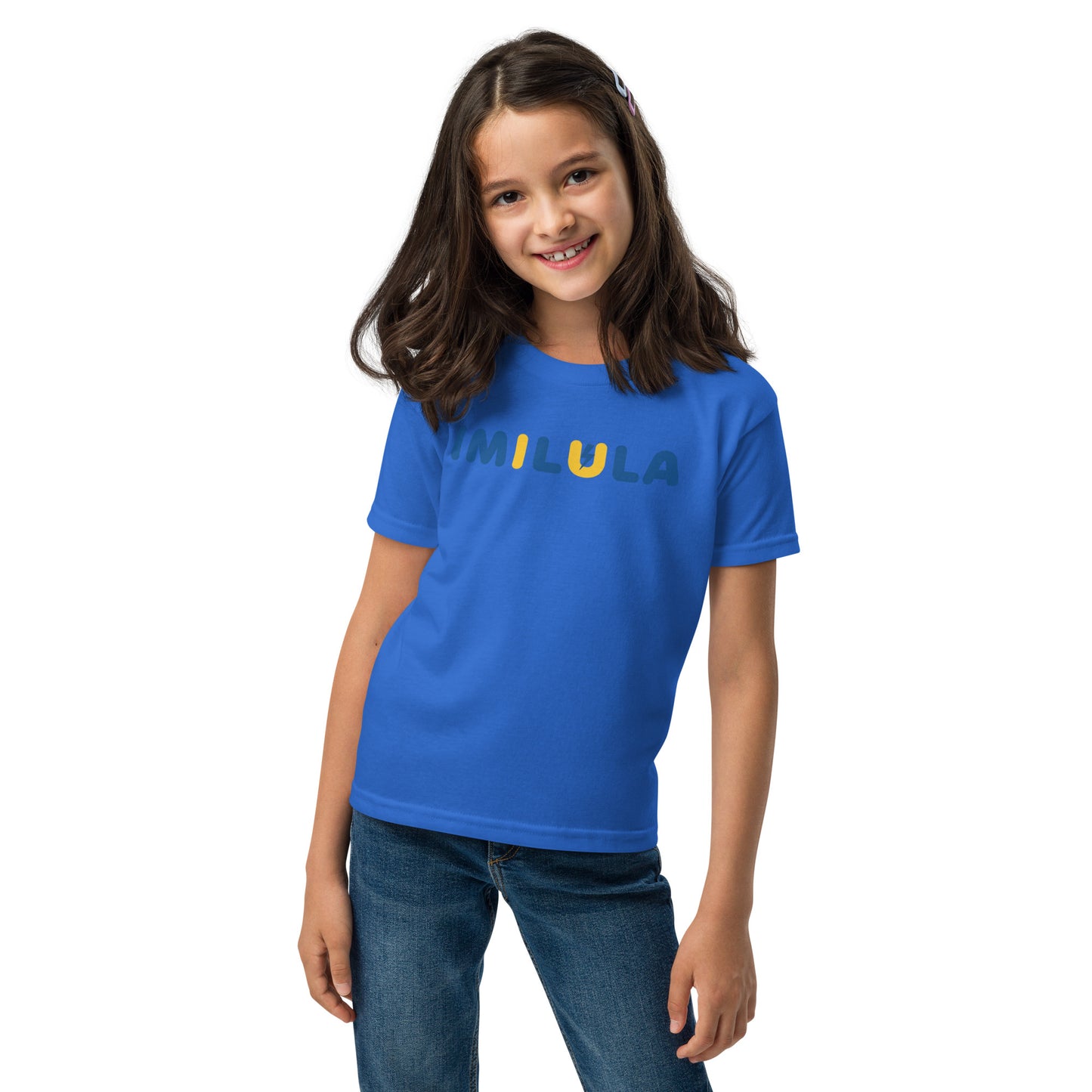 Girl wearing a blue t-shirt with 'Judo Know?' text on a white background