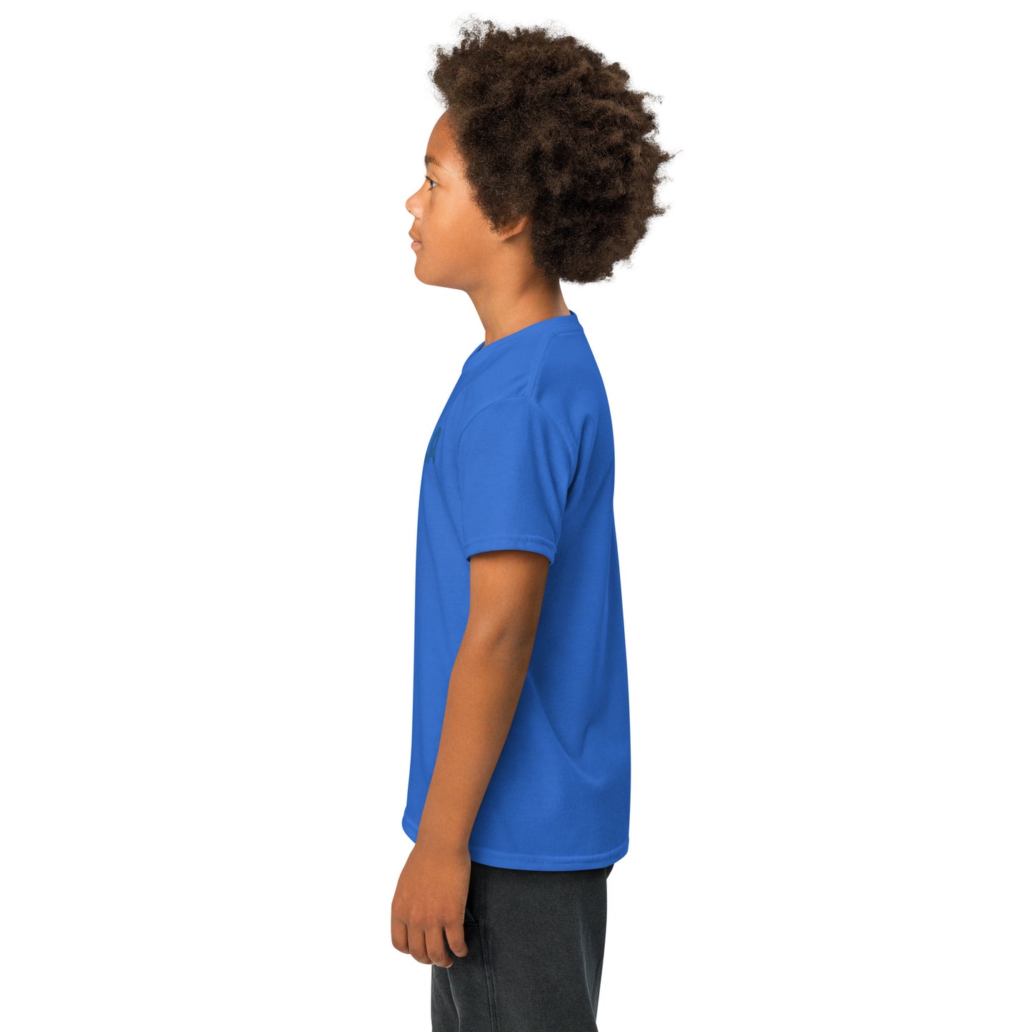 Child wearing a blue t-shirt with a graphic design on a white background