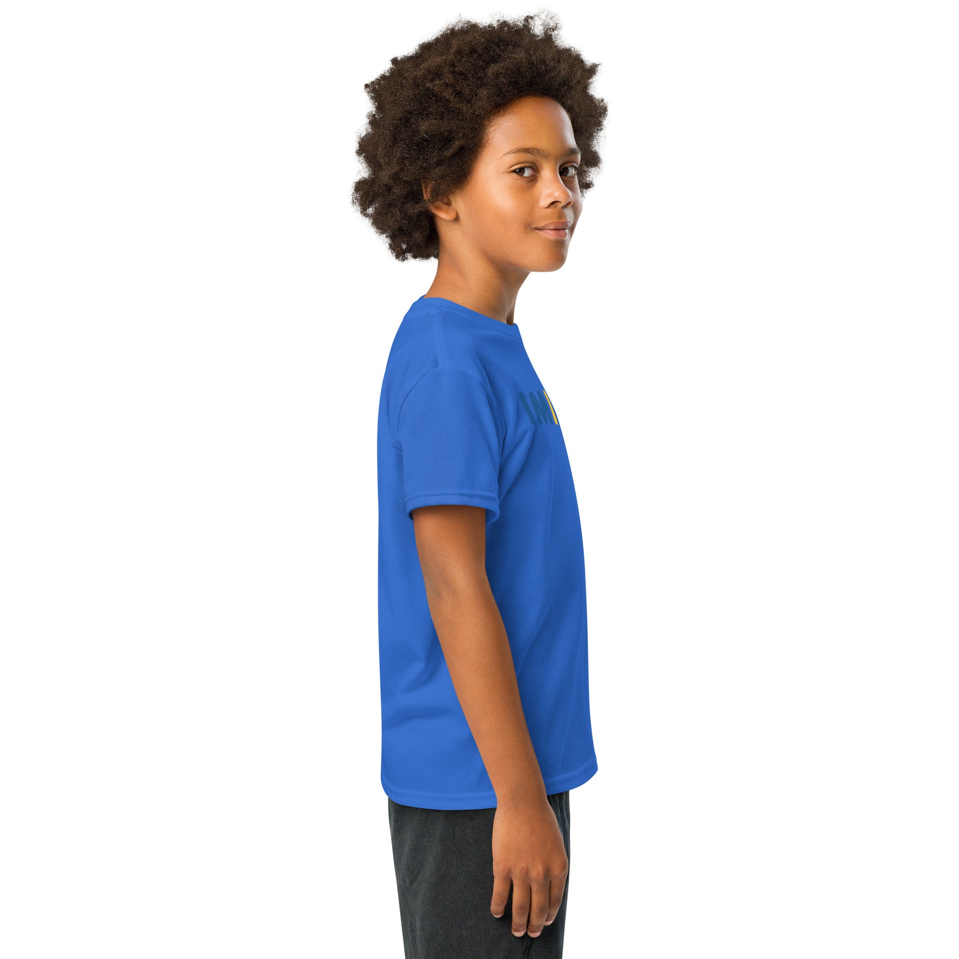 Child wearing a blue t-shirt with a logo on a white background
